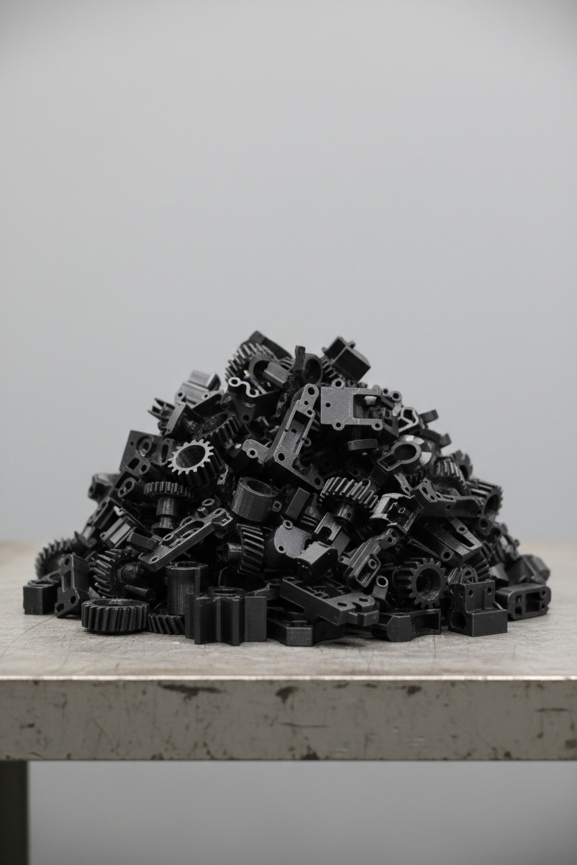 Ein großer Haufen kleiner schwarzer Kunststoffteile und Zahnräder liegt auf einem Metalltisch vor grauem Hintergrund.